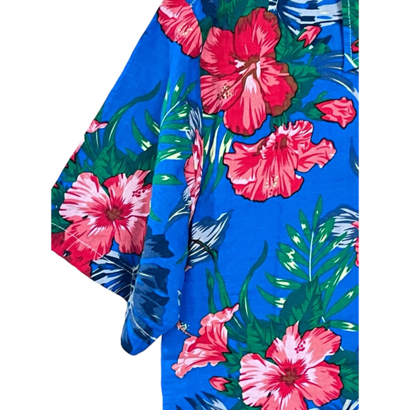 Jogal Hawaiian Tropical Flowers Short Sleeve Button Down Shirt Size Medium Blue - Picture 3 of 6